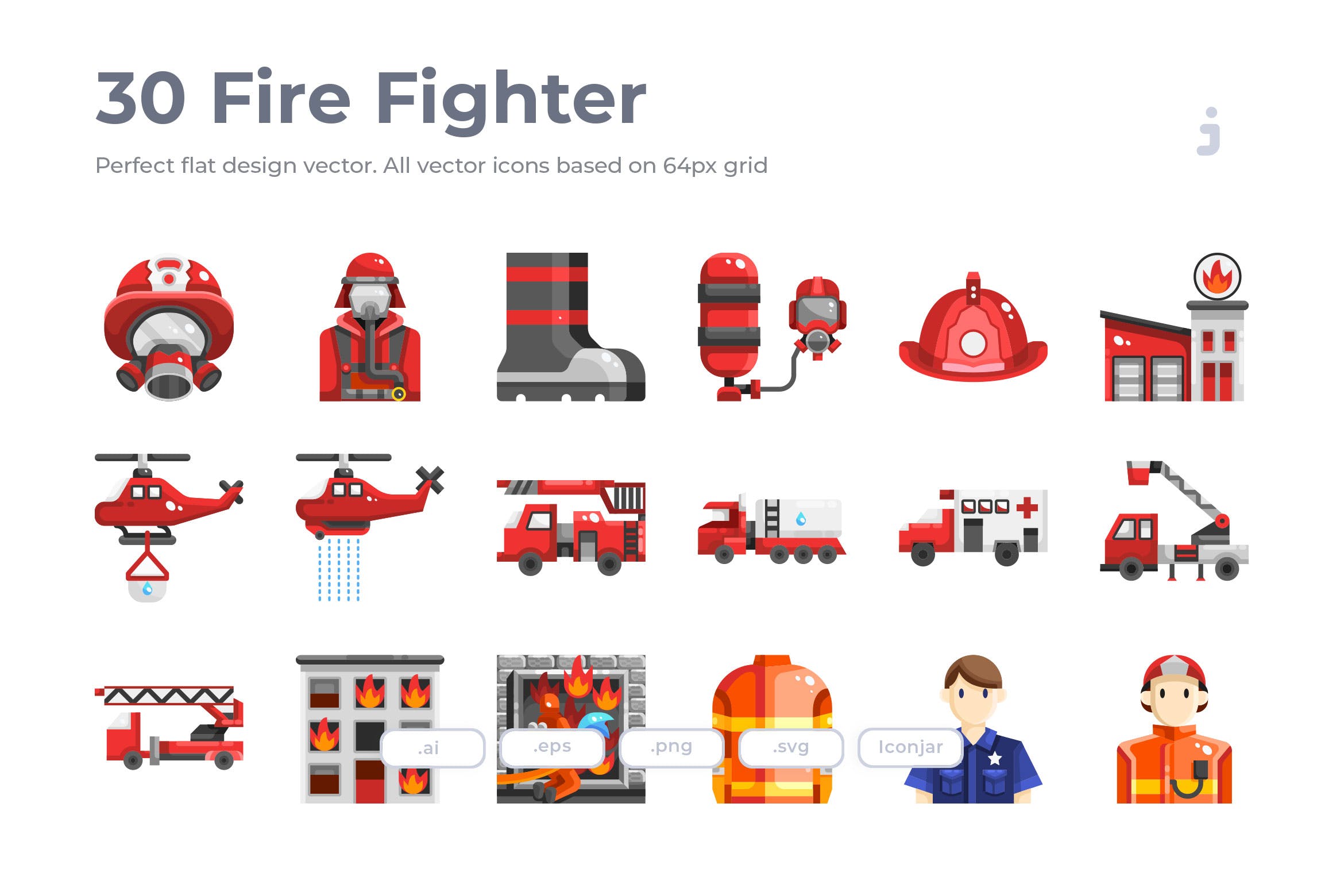 30枚消防员/消防主题扁平设计风格矢量图标 30 Fire Fighter Icons – Flat