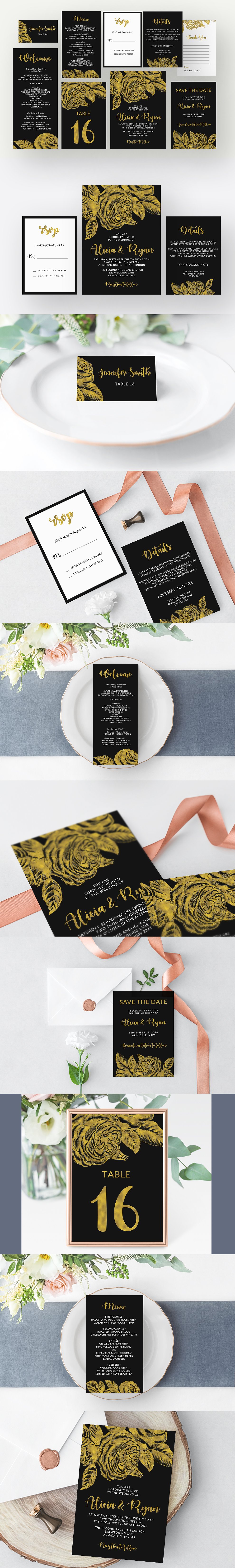 高贵奢华金玫瑰图案婚礼邀请函模板合集 Gold roses flower black invitation