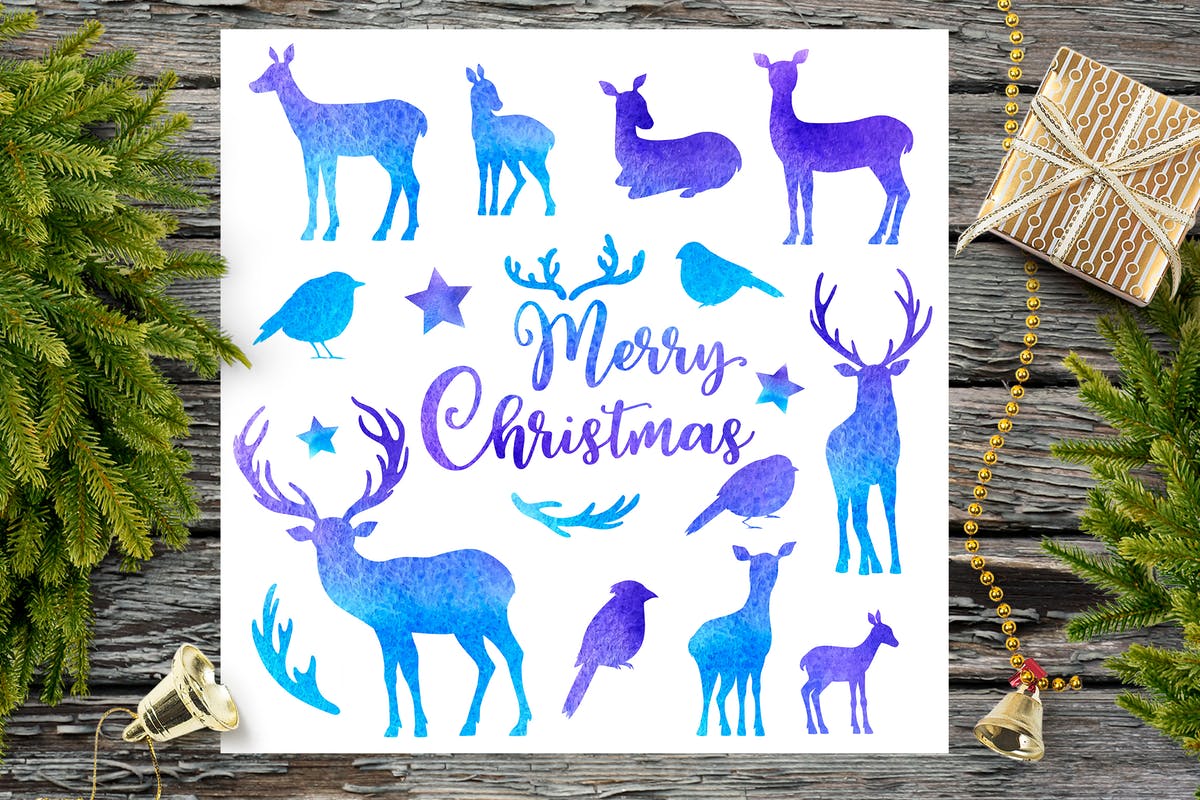 蓝色水彩动物剪影素材 Blue Watercolor Animal Silhouettes