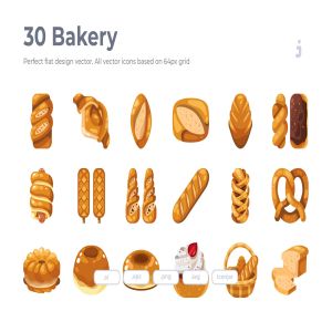 30枚烘焙&面包扁平化图标 30 Bakery Icons – Flat