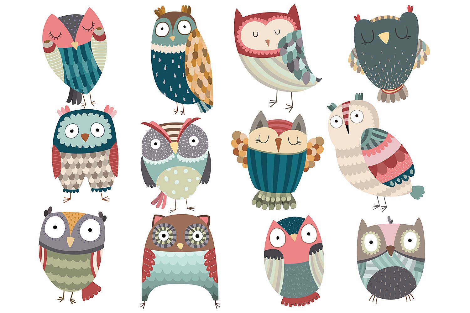手绘可爱猫头鹰矢量插画合集 Cute Owl Set Vector & PNG Pack