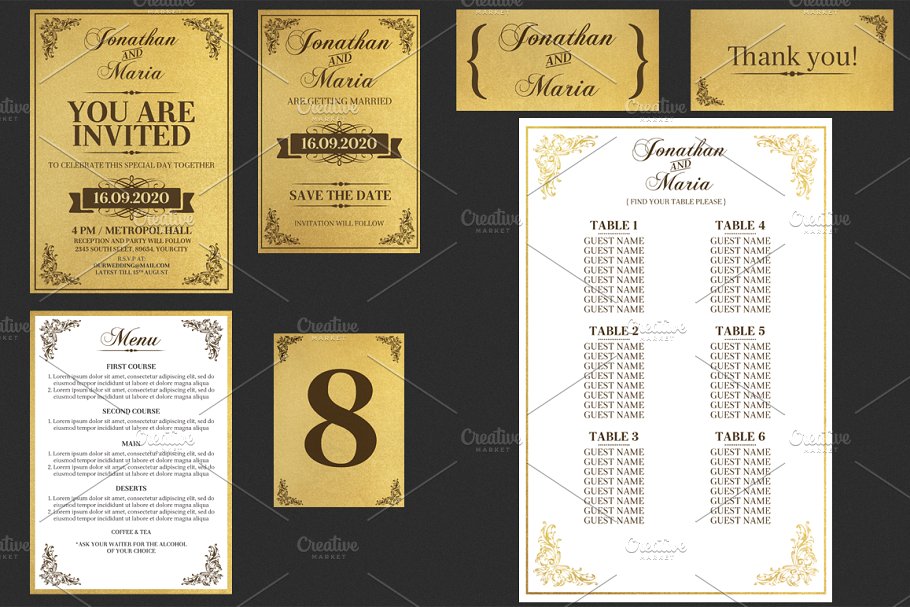 复古黄金色调婚礼邀请函模板套装 Gold Wedding Invitation Set