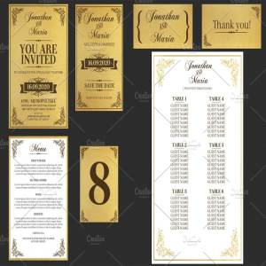 复古黄金色调婚礼邀请函模板套装 Gold Wedding Invitation Set