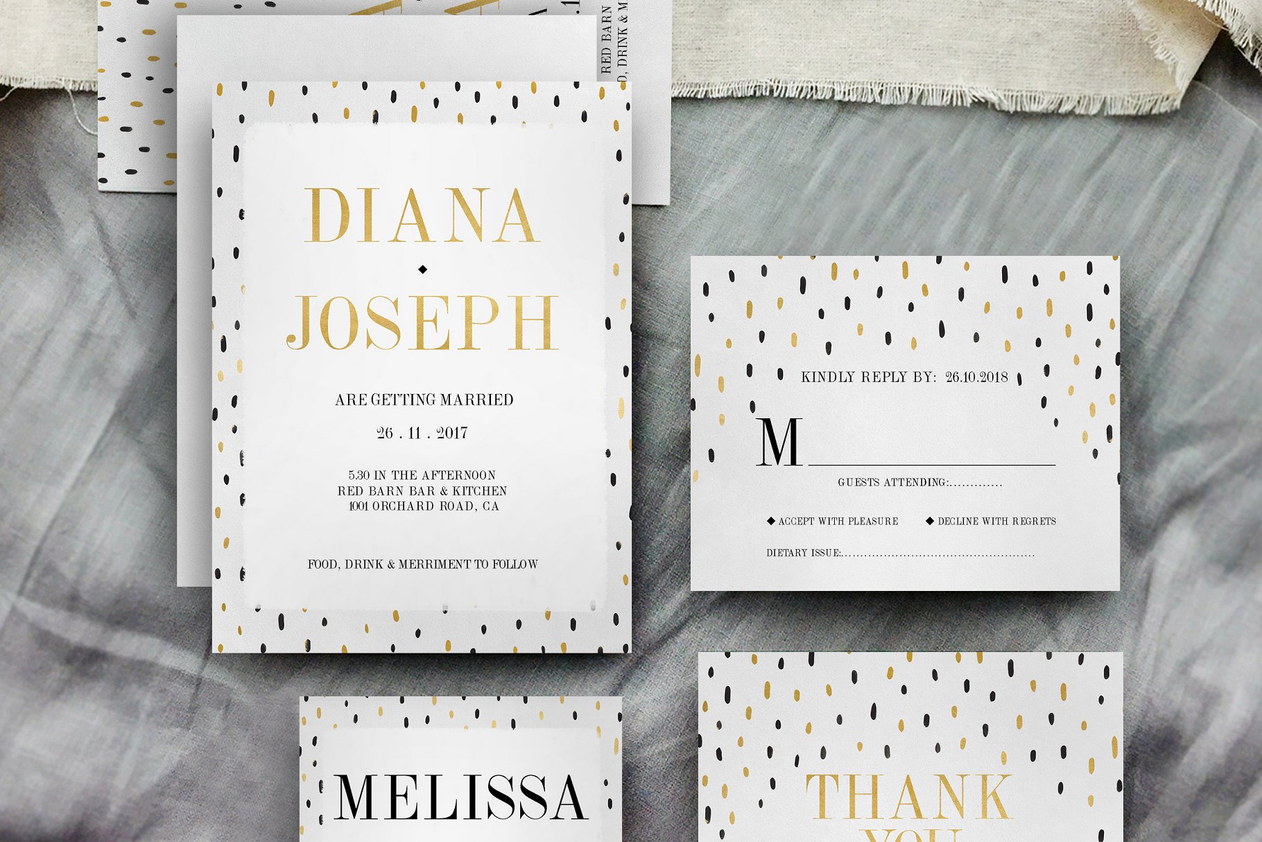 黑金波尔卡多婚礼设计模板合集 Black Gold Polkadot Wedding Suite