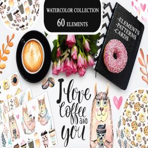 手绘水彩风格的可爱咖啡图案背景大集合[情人节,玫瑰]