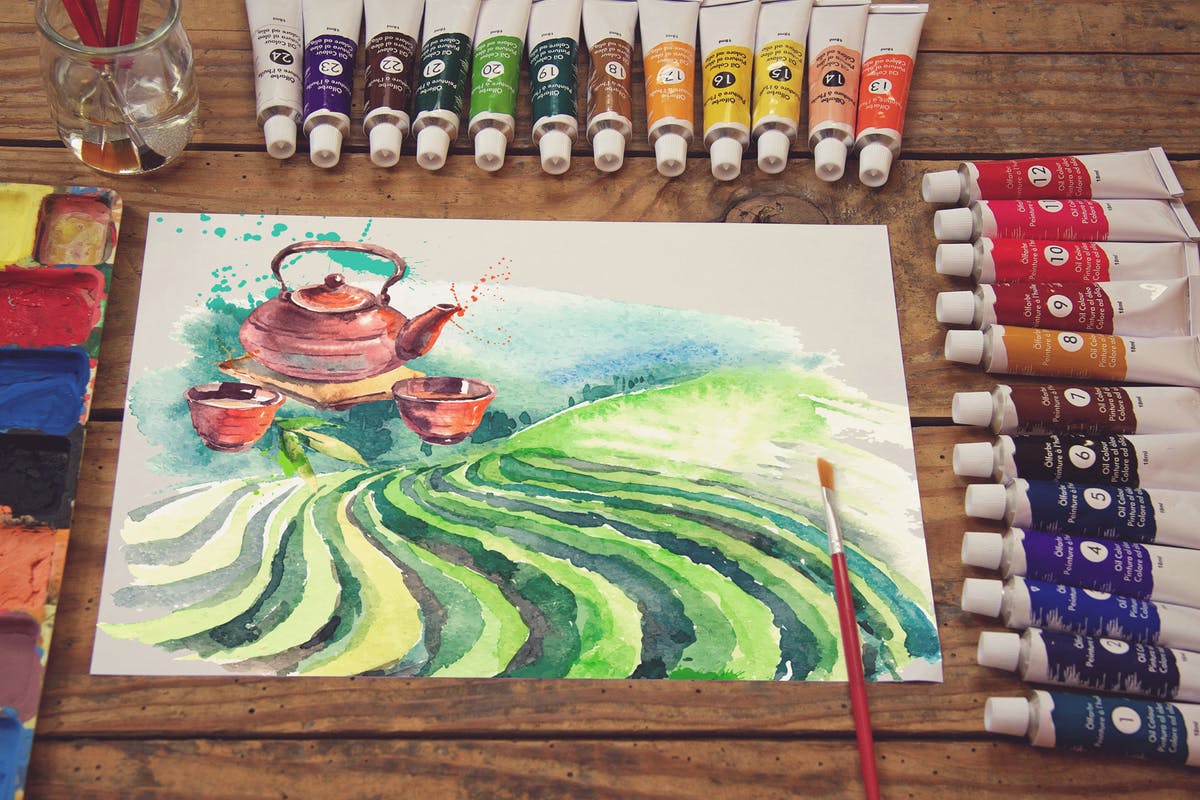 水彩画作品展览工作室场景样机 Sketchbook Paint Scene
