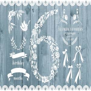 灰蓝色乡村木制背景生日派对邀请函模板 Floral number six, card invite