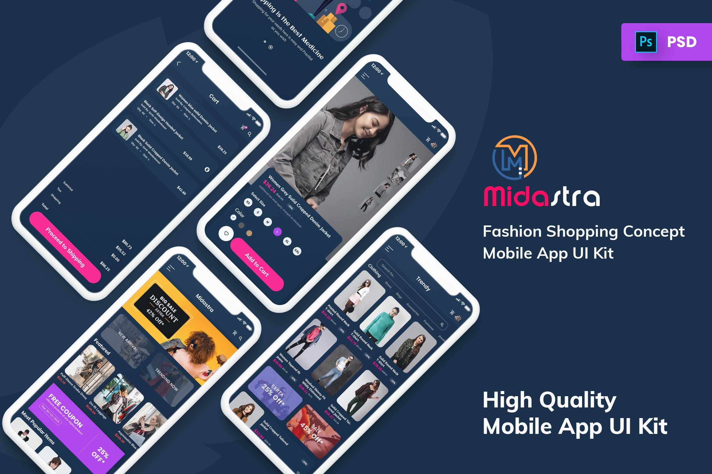 时尚购物APP应用UI设计套件 Midastra-Fashion Shopping Mobile App UI kit Dark