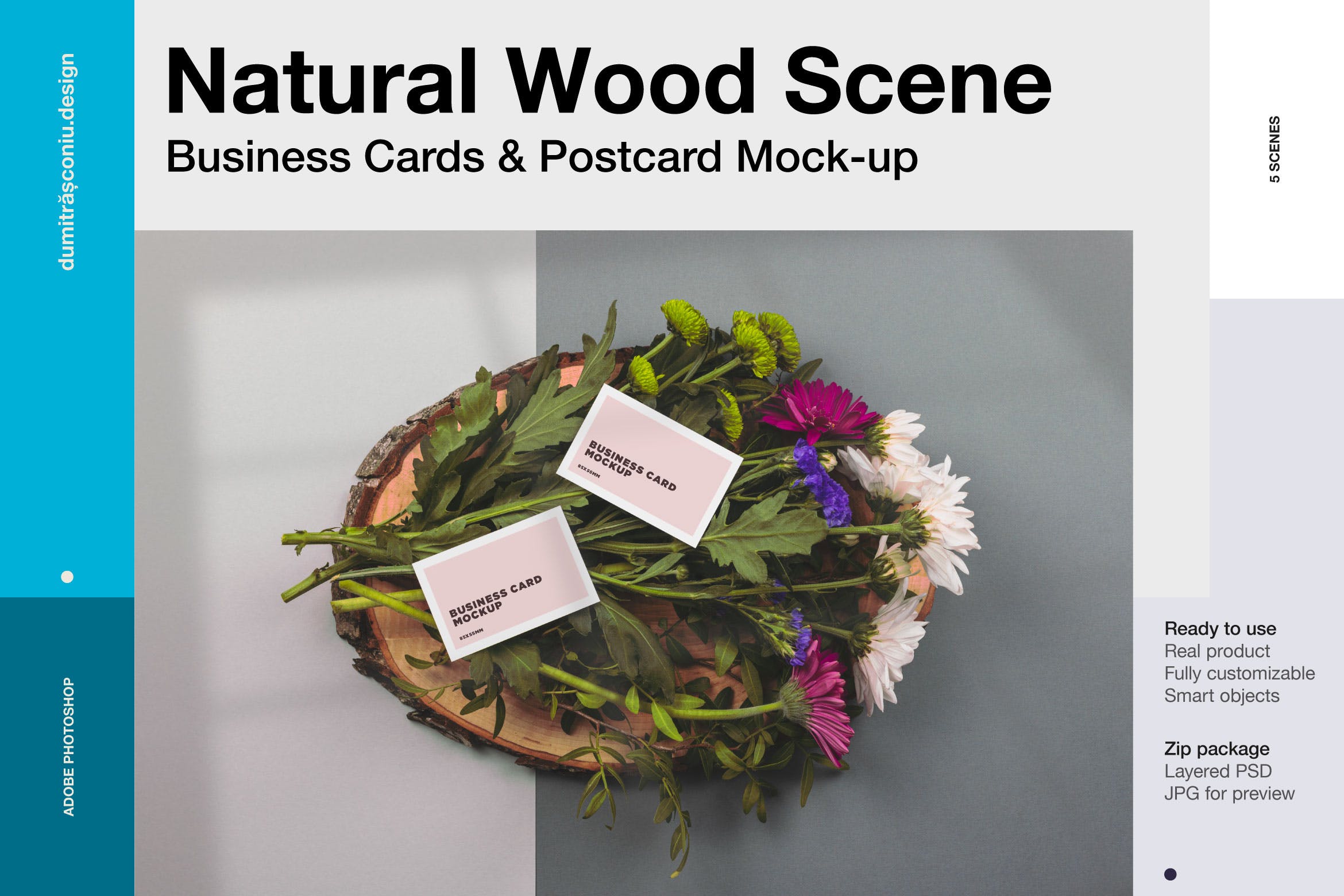 鲜花背景名片和明信片设计效果样机模板 Natural Scene – Business cards & postcard mockup