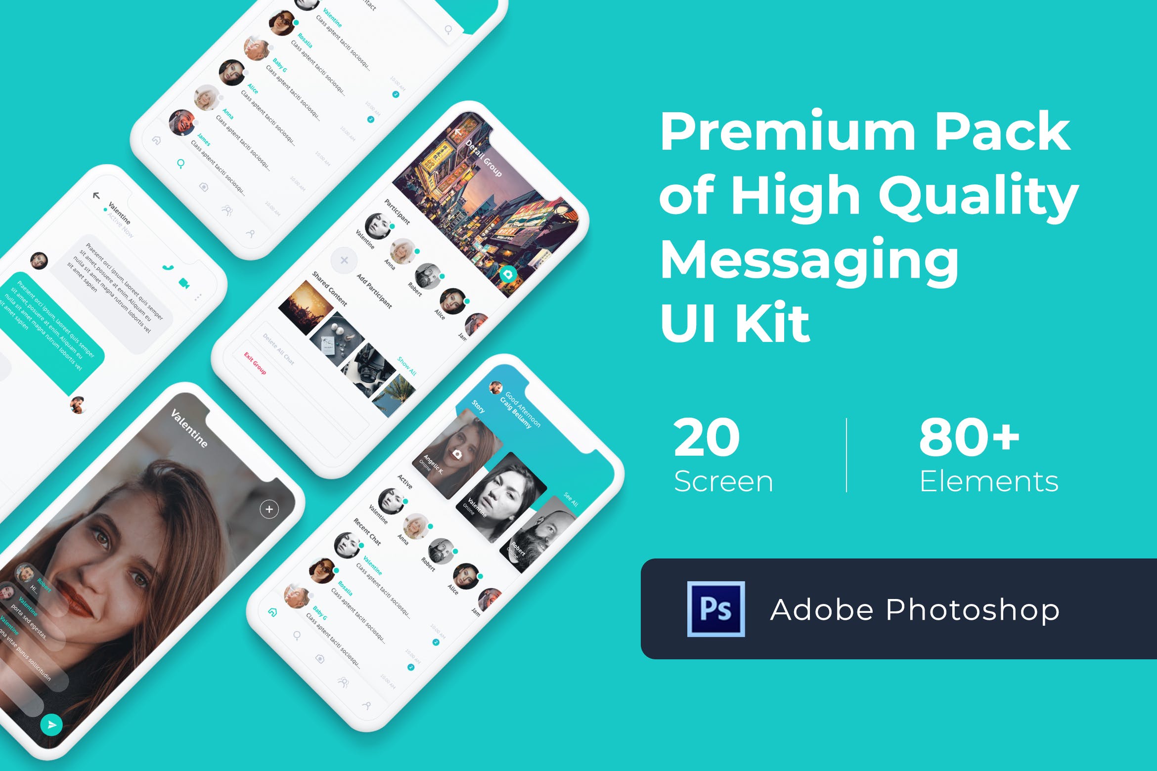 即时聊天工具社交APP应用UI套件PSD模板 Messaging Mobile UI KIT for Photoshop