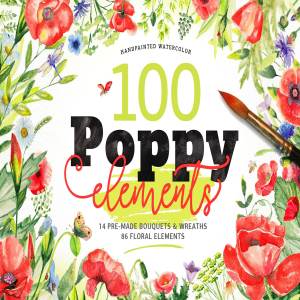100%罂粟花水彩纹理剪贴画集合 Watercolor DIY Poppy Pack