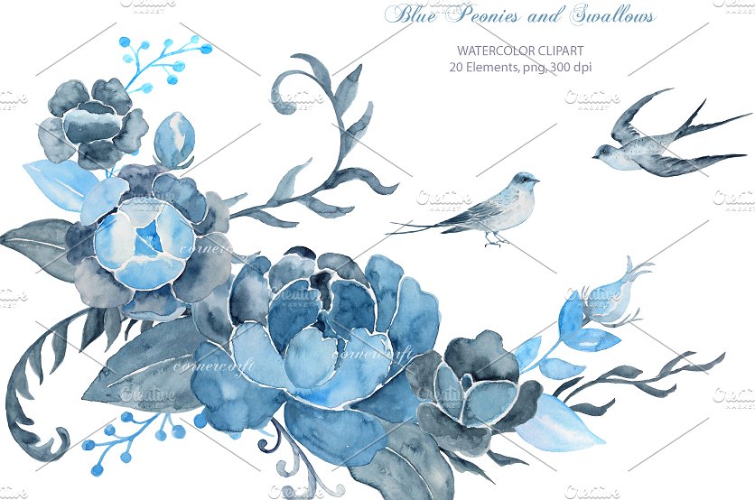 中国风艺术花卉水彩装饰剪贴画 Wedding Clipart Blue Peony Swallows