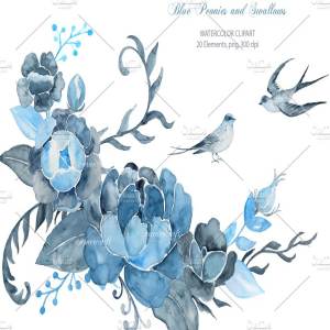 中国风艺术花卉水彩装饰剪贴画 Wedding Clipart Blue Peony Swallows