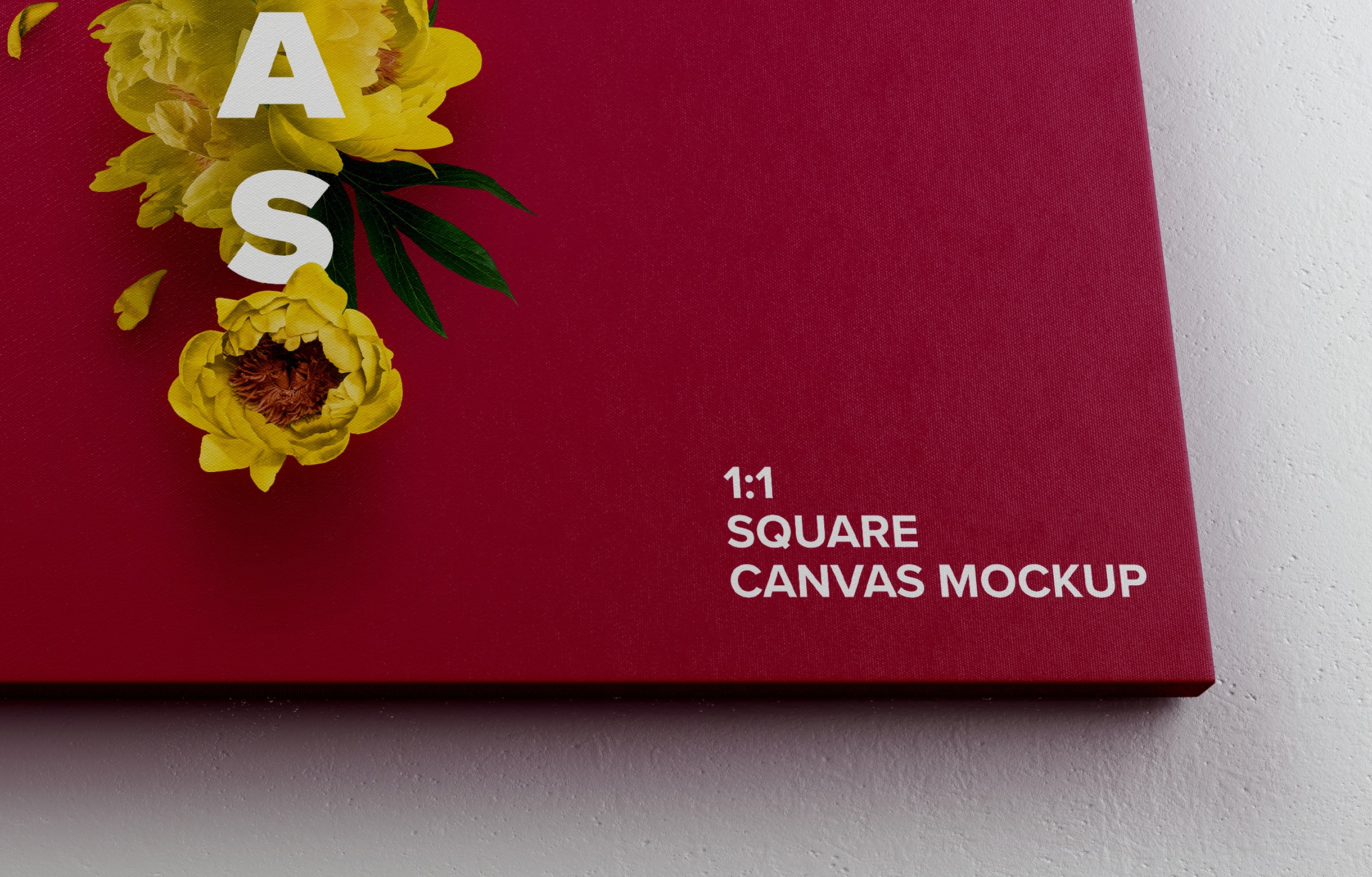 油画绘画作品挂墙展览画布底部前视图样机 Square Canvas Mockup Hanging on Wall, Bottom Front View