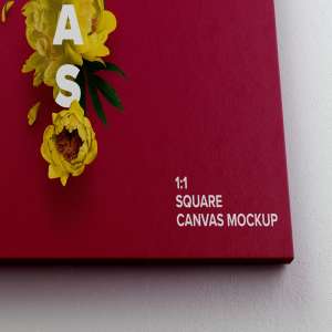 油画绘画作品挂墙展览画布底部前视图样机 Square Canvas Mockup Hanging on Wall, Bottom Front View