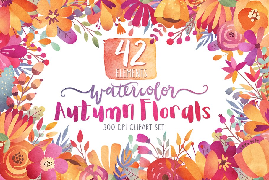 秋季色彩主题花卉设计剪贴画合集 Watercolor Autumn Florals Clipart