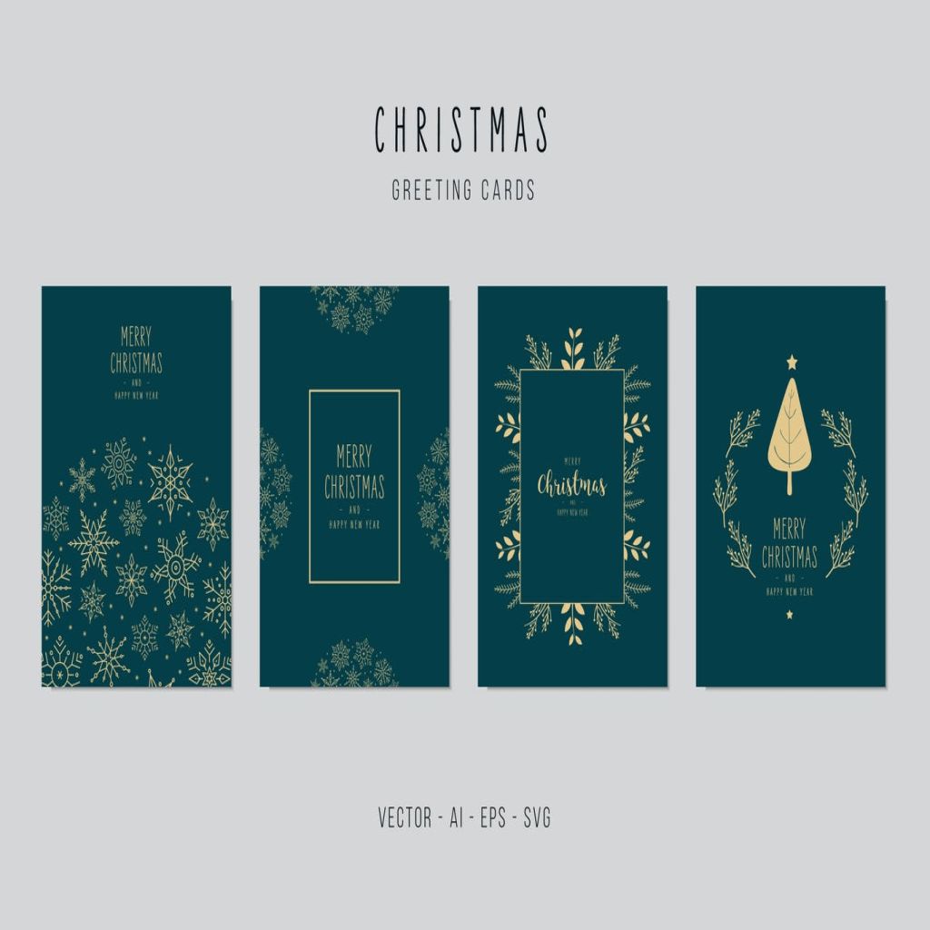 雪花&植物手绘图案圣诞节贺卡矢量设计模板集v3 Christmas Greeting Vector Card Set插图