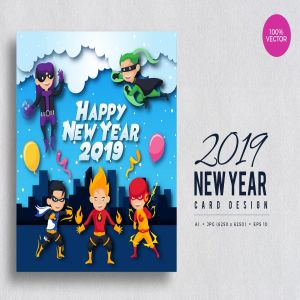 儿童超级英雄2019年新年贺卡矢量设计模板 Children Superhero Happy New Year 2019 Vector Card
