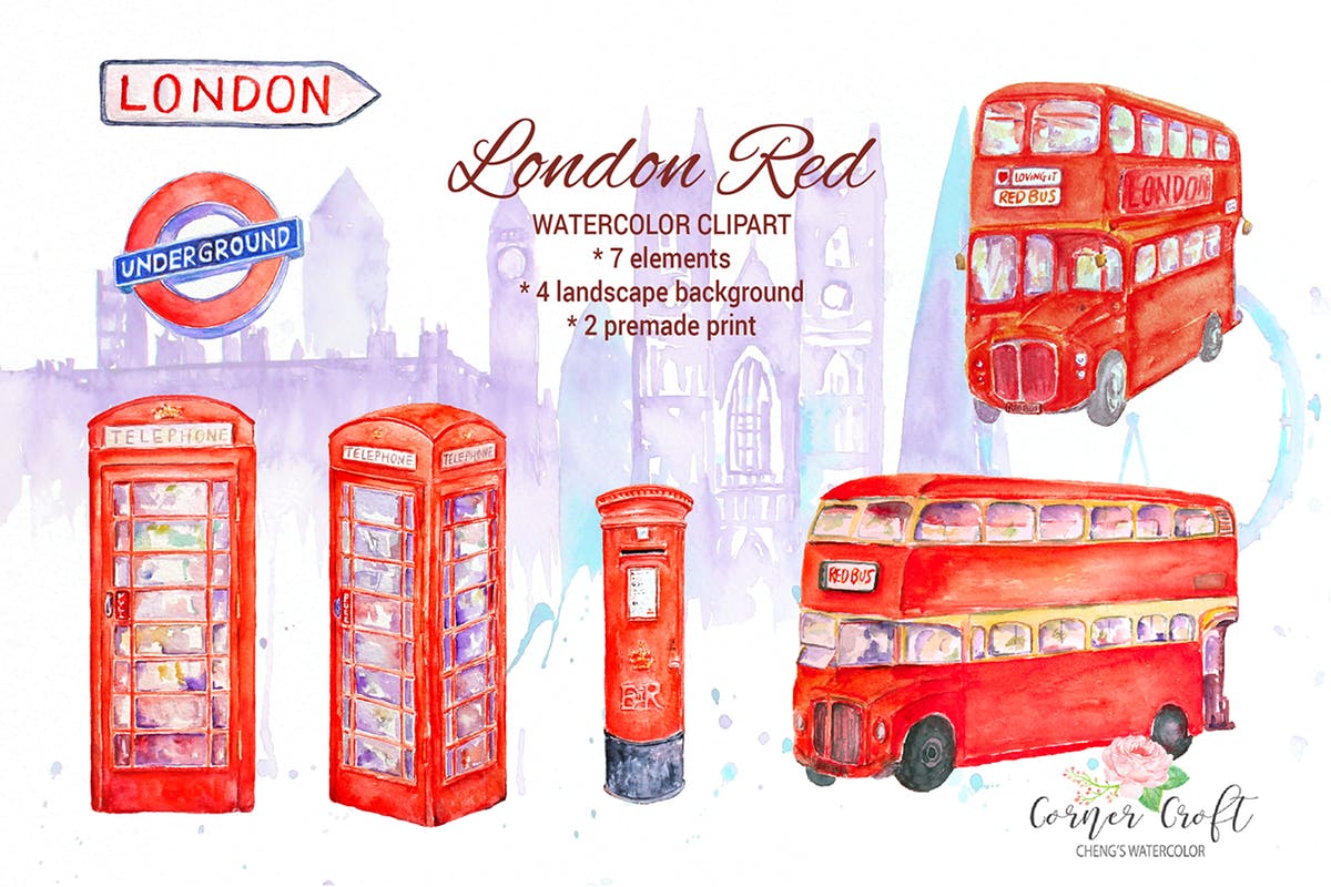 伦敦著名地标红色主题水彩插画 Watercolor London Red