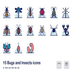 臭虫&昆虫细节填充轮廓线形图标 Bugs and Insects detailed filled outline icons
