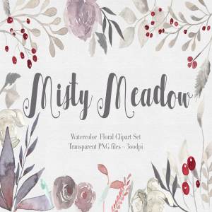 独特的手绘花卉树叶水彩图案 Misty Meadow Floral Clipart Set