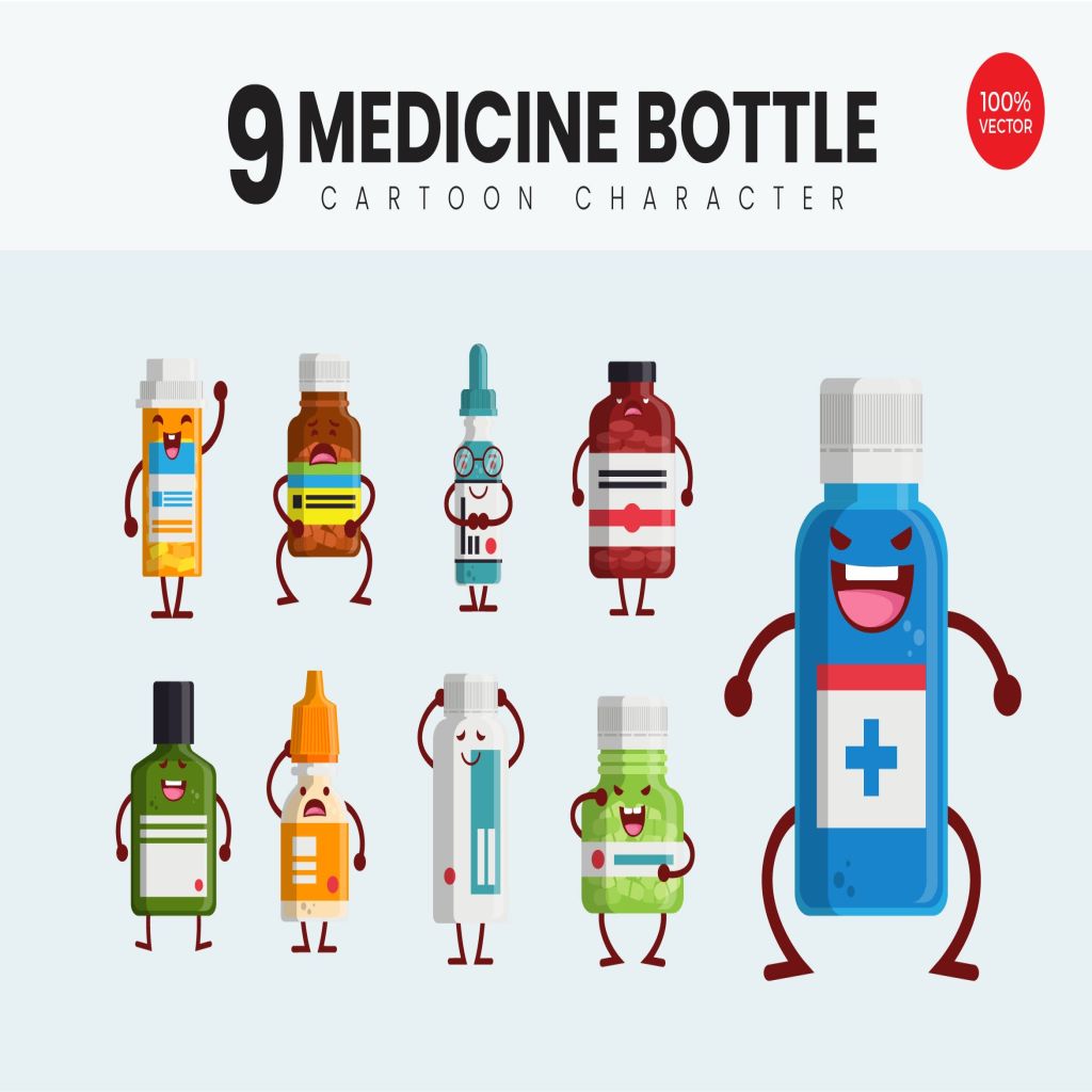 9个药瓶可爱卡通形象矢量插画 9 Cute Medicine Bottle Vector Illustration插图