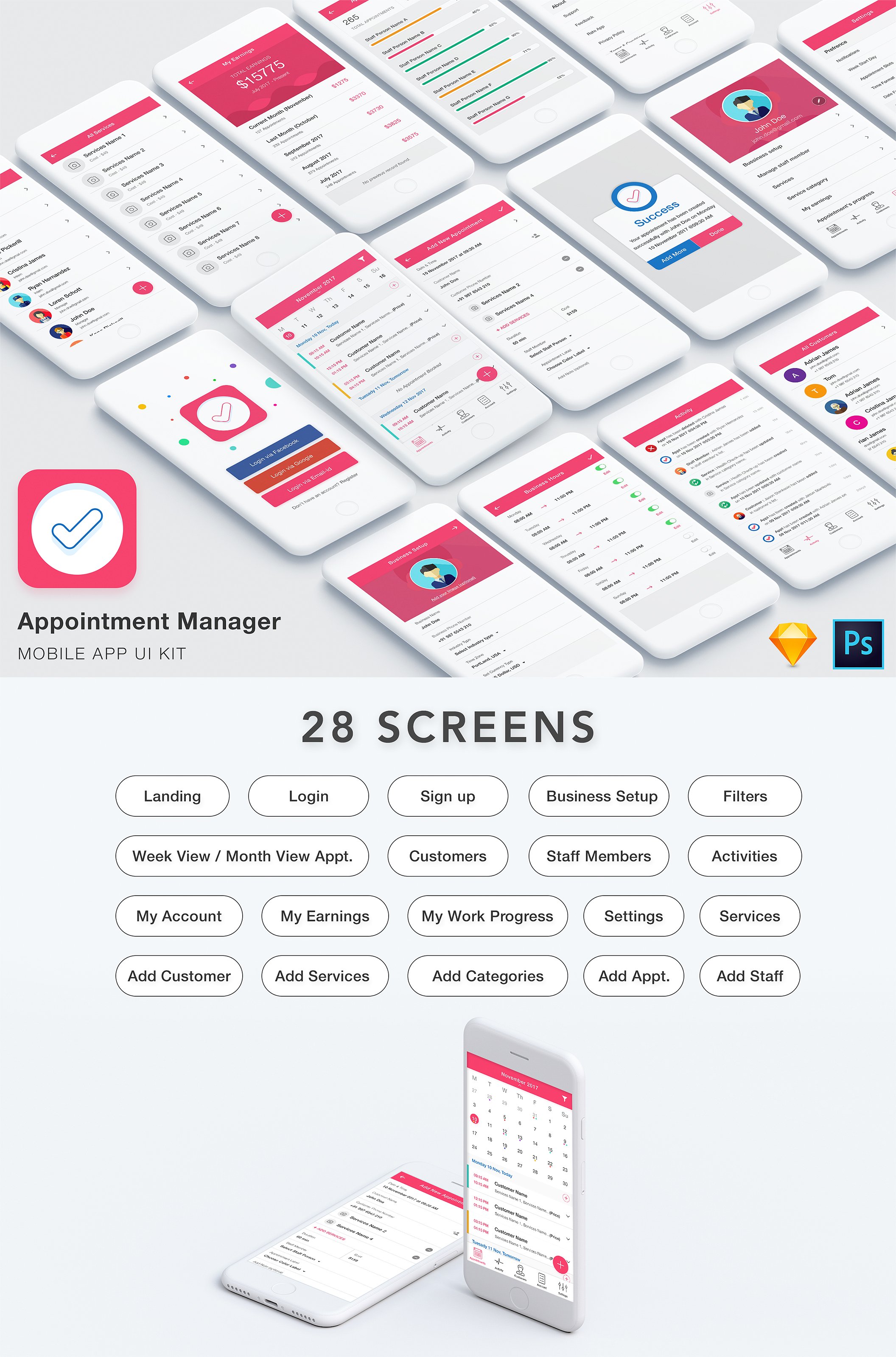 一流设计素材网下午茶：专业干净的约会管理类APP UI Kits下载[psd,sketch]