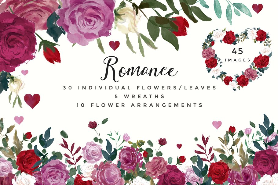 浪漫水彩花卉剪贴画 Watercolor Floral Graphic – Romance
