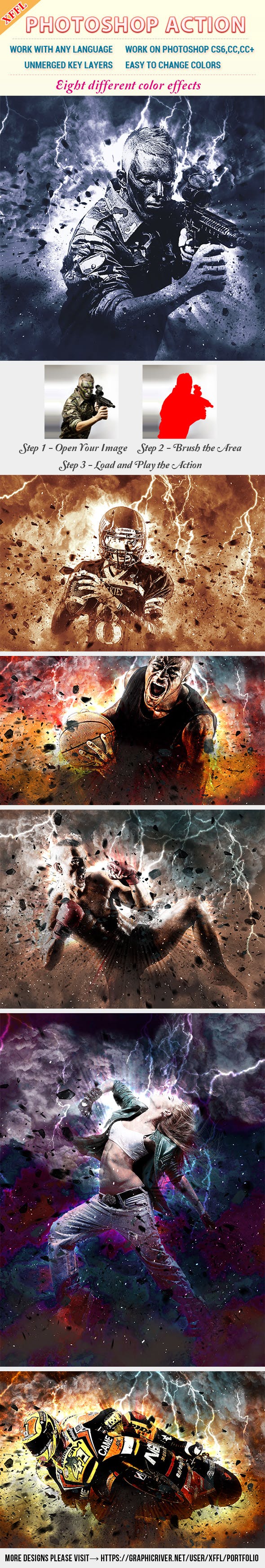 一款彩色闪电风暴战争的电影效果Photoshop动作下载