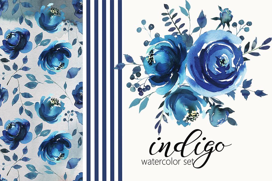 靛蓝水彩花卉剪贴画 Indigo Blue Watercolor Flowers Set