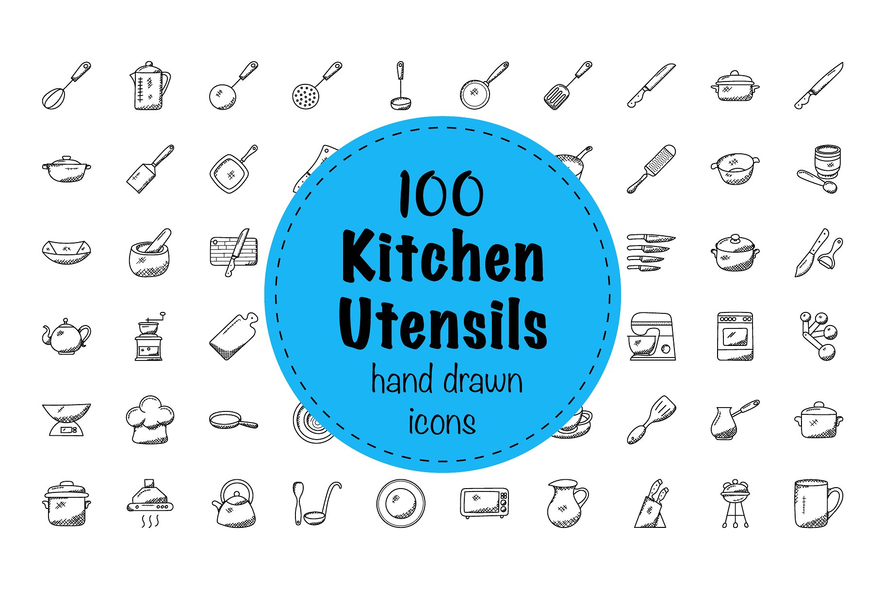 100枚涂鸦风格厨房用具图标 100 Doodles of Kitchen Utensils