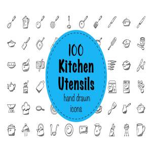 100枚涂鸦风格厨房用具图标 100 Doodles of Kitchen Utensils