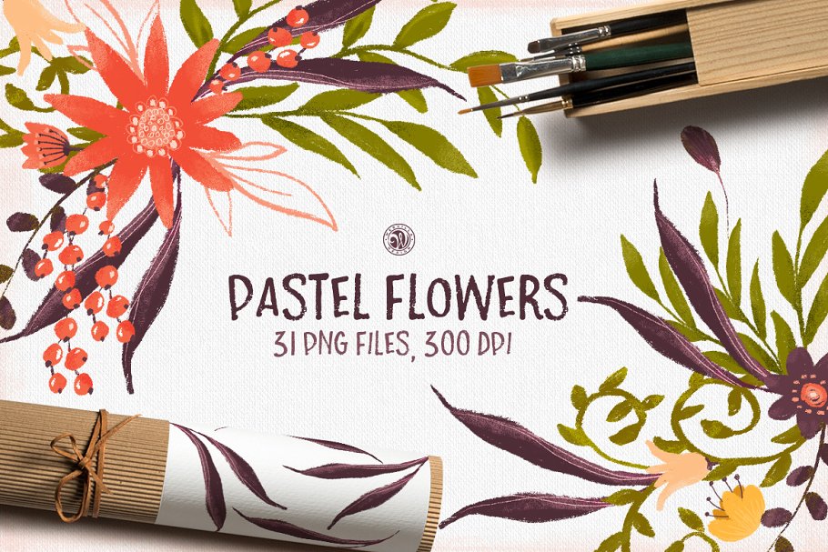 手绘花卉水粉画插画 Pastel Flowers