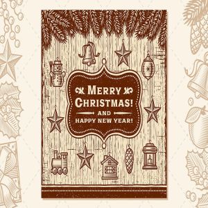棕色装饰复古设计风格圣诞节贺卡模板 Vintage Christmas Card With Decorations Brown