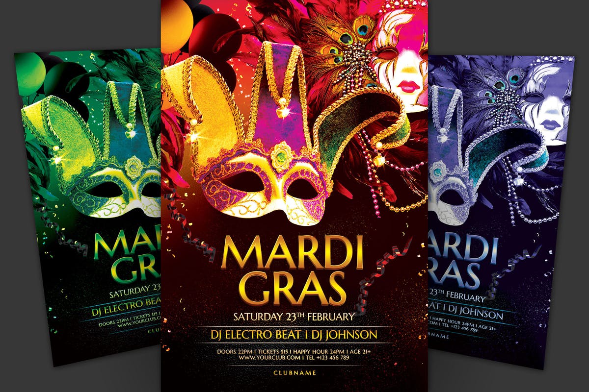 狂欢节/化妆舞会传单PSD设计模板 Mardi Gras Flyer