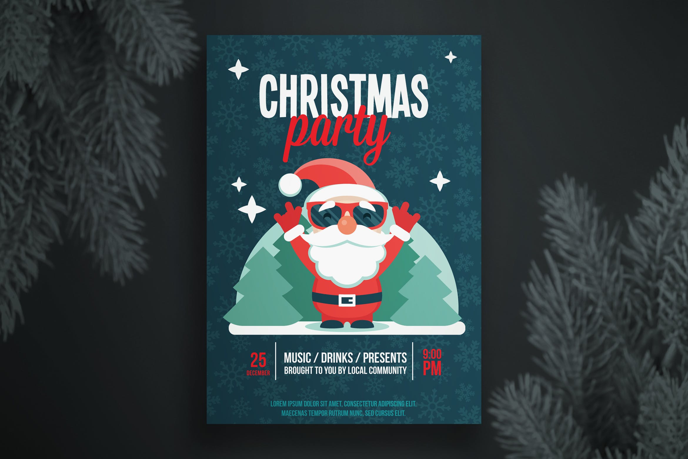 戴墨镜的圣诞老人圣诞节派对海报设计模板 Christmas party flyer template