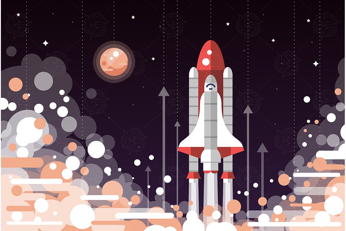 航天飞机扁平化设计矢量插画素材 Space shuttle launch – flat design illustration