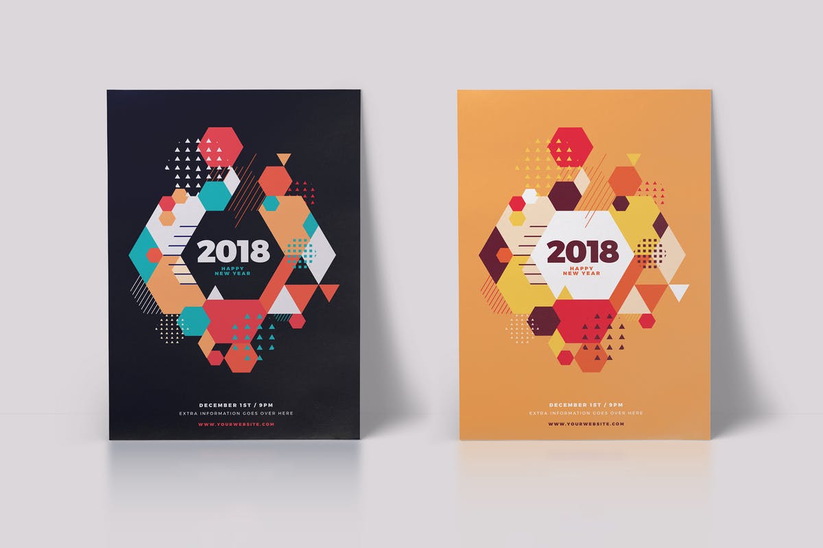 多彩几何图案新年主题海报设计模板 Happy New Year 2018 Party Flyer