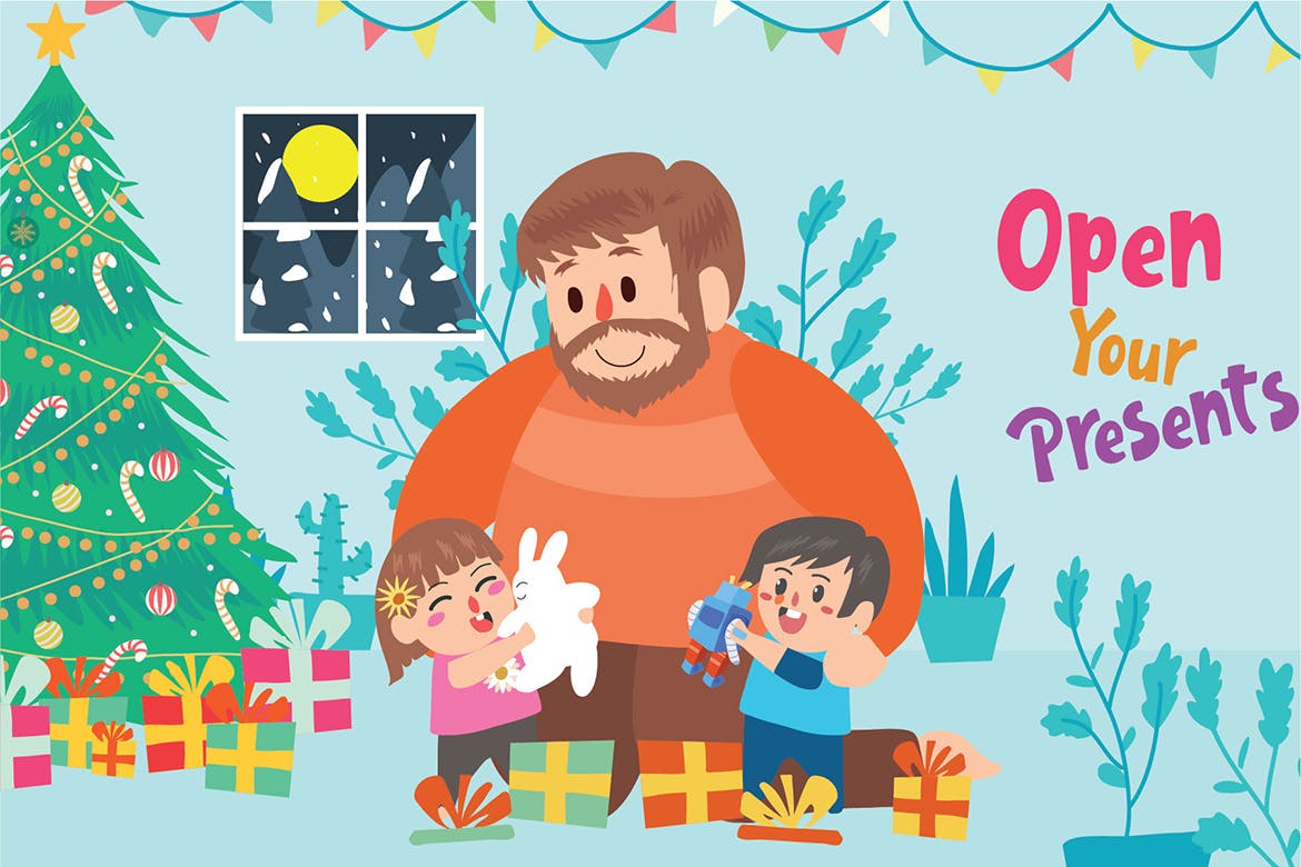 圣诞节拆礼物场景矢量插画素材 Christmas Presents – Vector Illustration