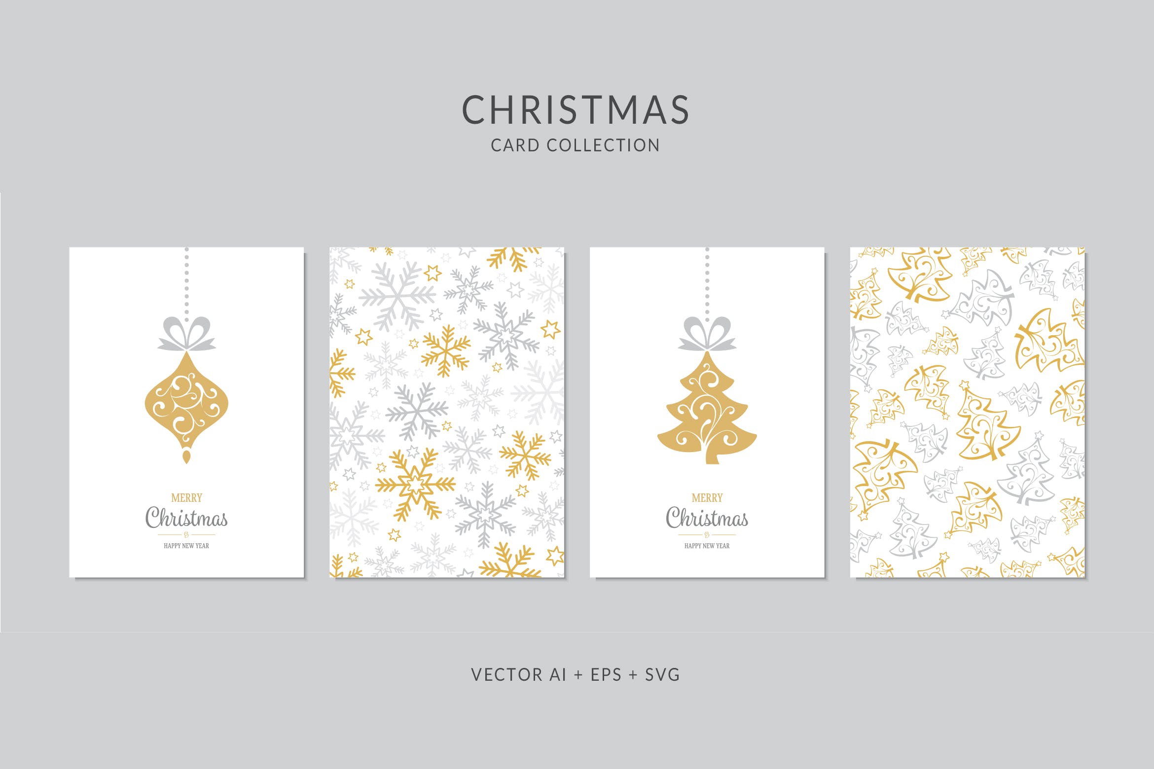 圣诞树/雪花/圣诞装饰元素圣诞节贺卡矢量设计模板 Christmas Greeting Card Vector Set