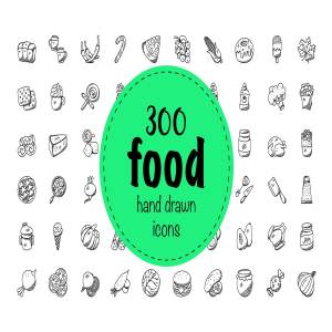 300枚食物主题手绘涂鸦图标 300 Food Hand Drawn Doodles Icons