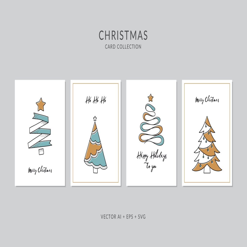 创意圣诞树手绘图案圣诞节贺卡矢量设计模板集v1 Christmas Greeting Card Vector Set插图