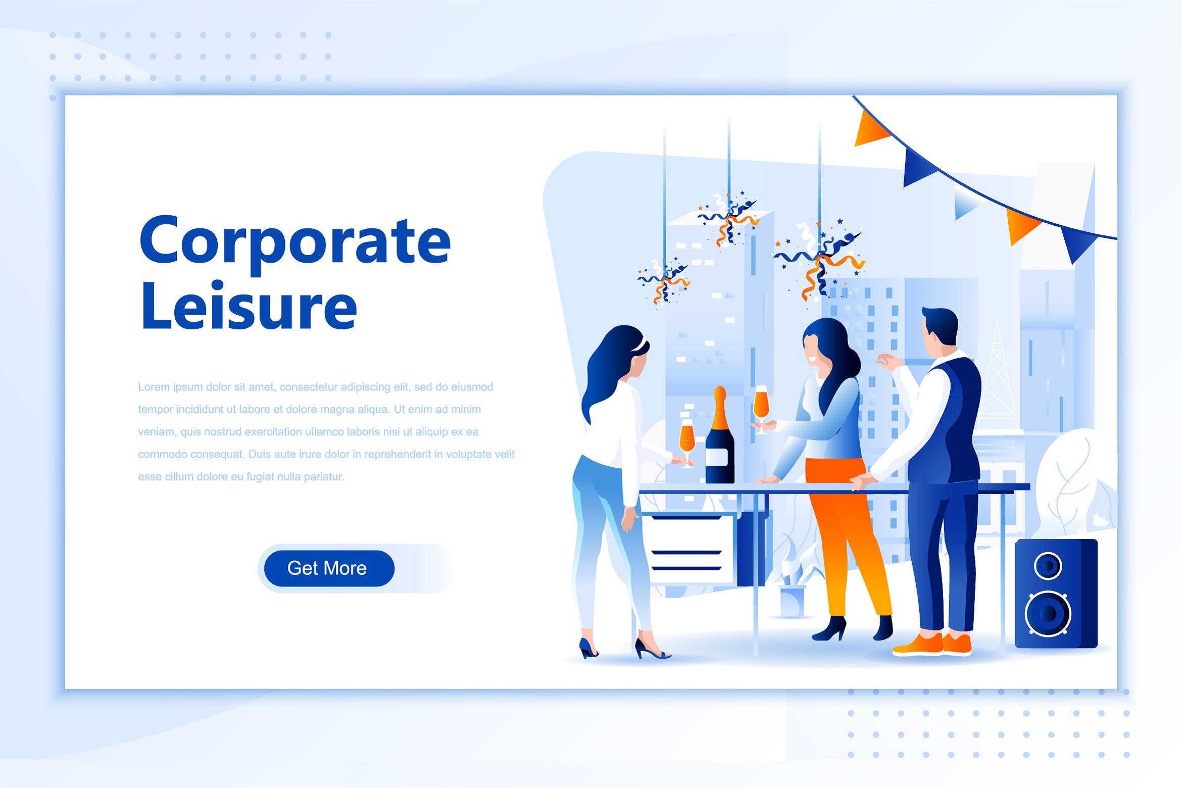社交派对场景网站设计概念插画设计素材 Corporate Leisure Flat Landing Page Header