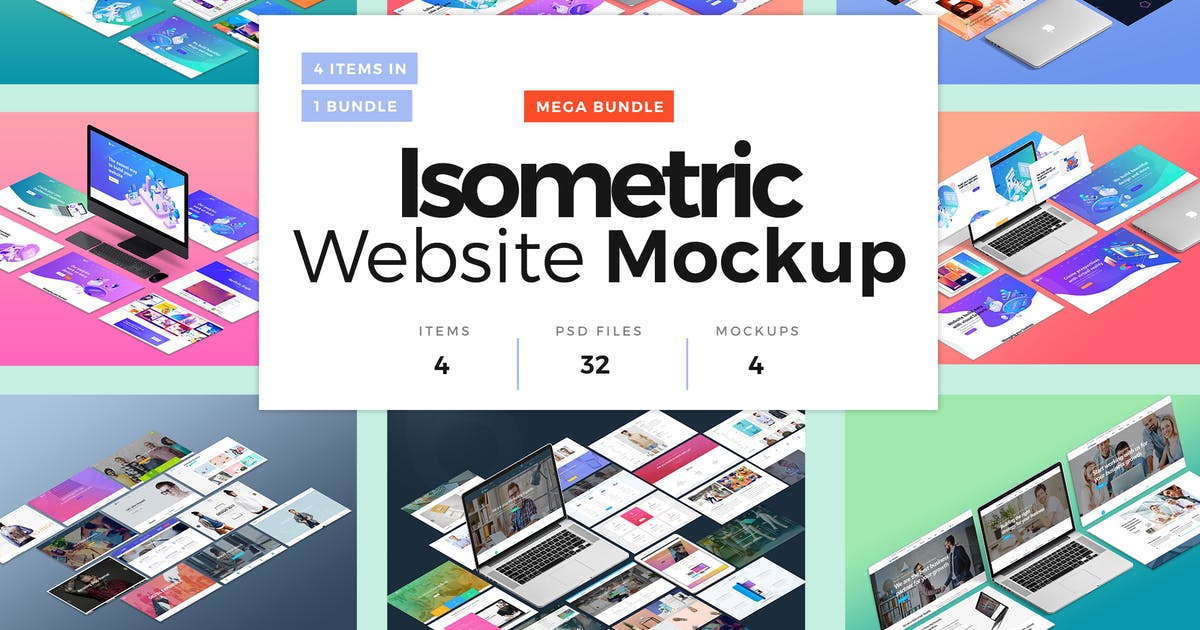 网站设计方案效果图展示等距网格样机模板合集