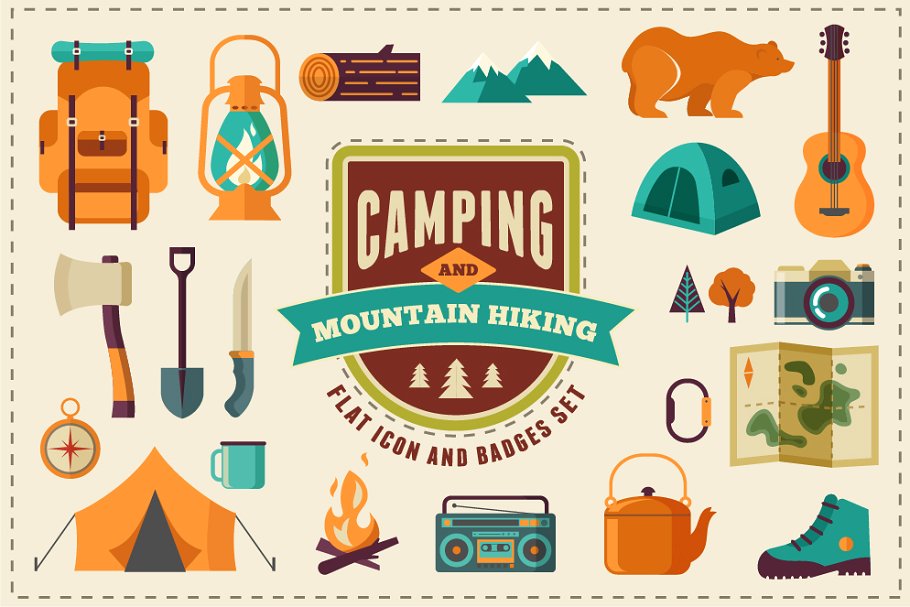 露营和徒步扁平风格矢量图标图形集 Camping & Hiking flat icon set