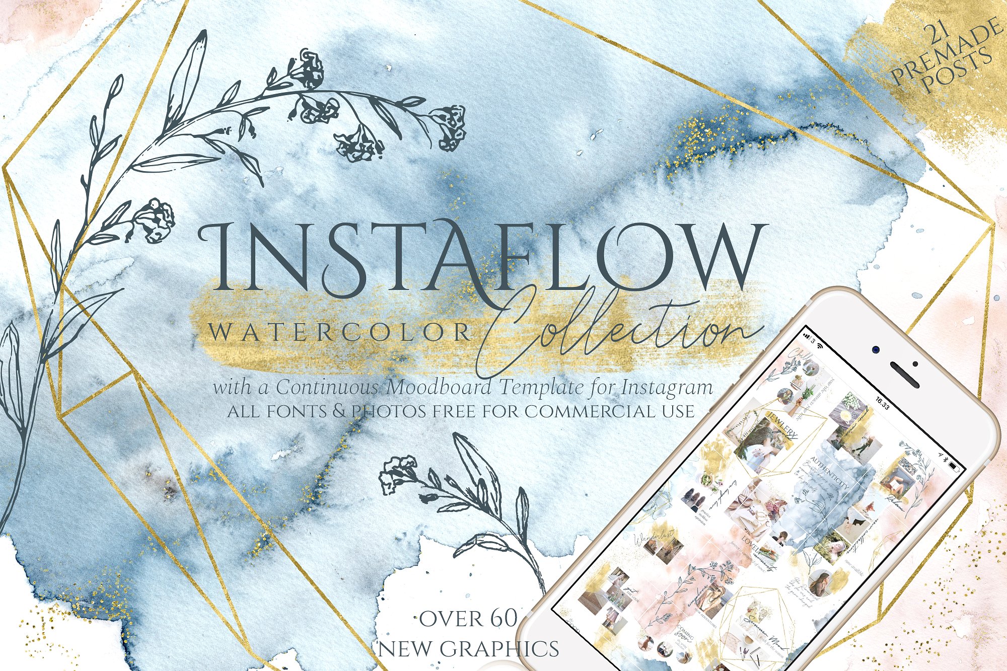 优雅风格水彩元素合集 Instaflow Watercolors & Template