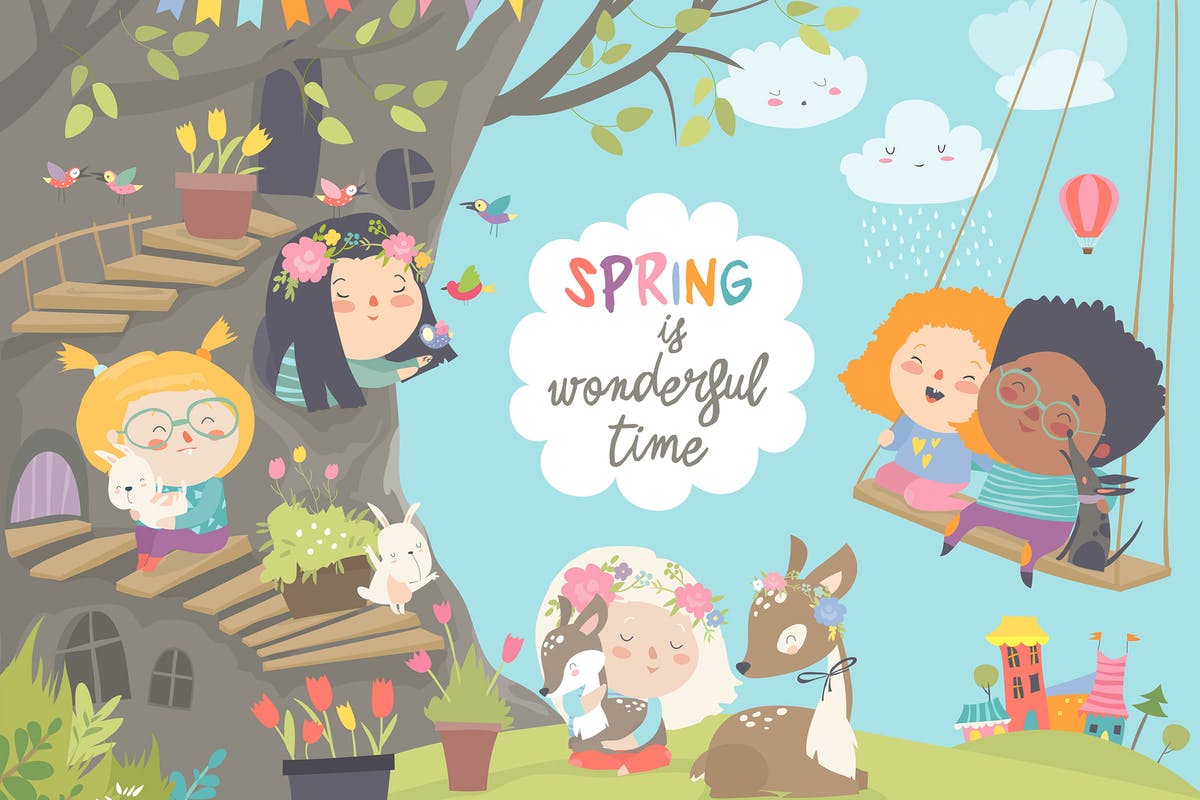 春天卡通人物&动物场景矢量插画设计素材 Cute cartoon children with animals in spring fores