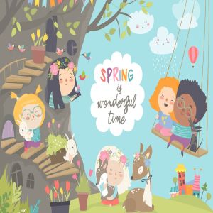 春天卡通人物&动物场景矢量插画设计素材 Cute cartoon children with animals in spring fores