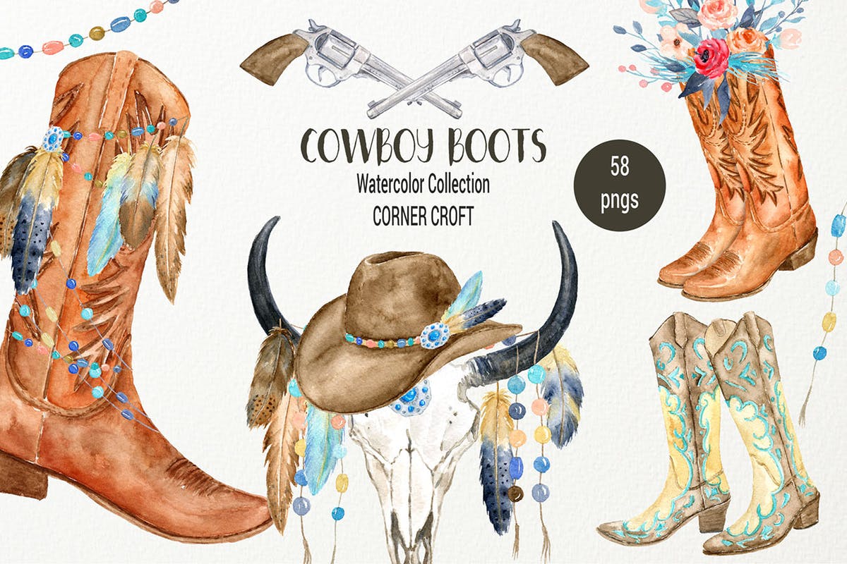西部牛仔文化靴子&配件水彩插画合集 Watercolor Cowboy Boots And Accessory collection