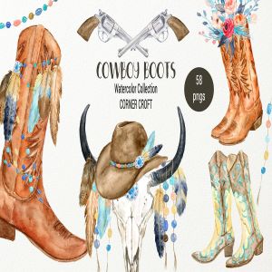 西部牛仔文化靴子&配件水彩插画合集 Watercolor Cowboy Boots And Accessory collection